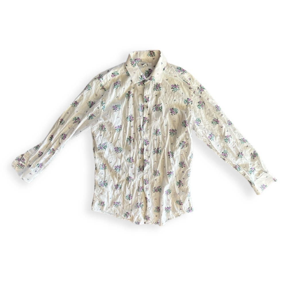 BAR III button front slim fit stretch men shirt medium 15 - 15.5 white floral